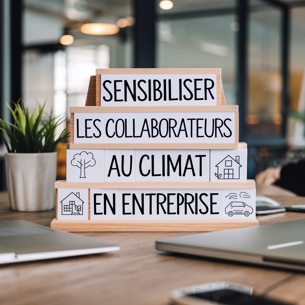 Panneau de sensibilisation au climat pour les collaborateurs en entreprise, illustré par des icônes écologiques.