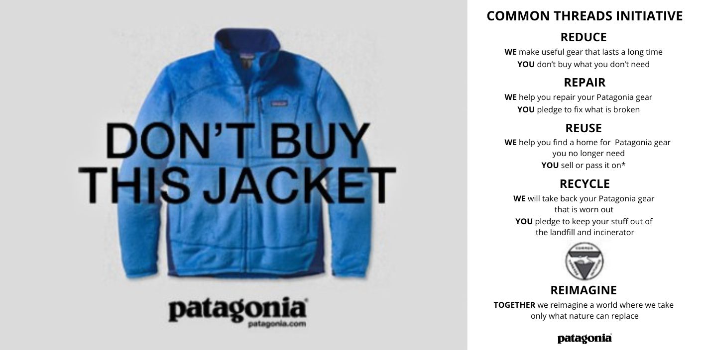 Campagne RSE de Patagonia "Don't Buy This Jacket" incitant à la consommation responsable, la réparation, la réutilisation et le recyclage des vêtements pour réduire l’impact environnemental.