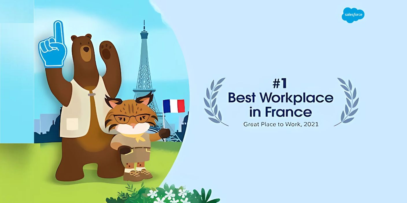 Illustration de Salesforce récompensé comme le meilleur employeur en France en 2021 selon Great Place to Work, mettant en avant l'engagement de l'entreprise pour le bien-être des employés.