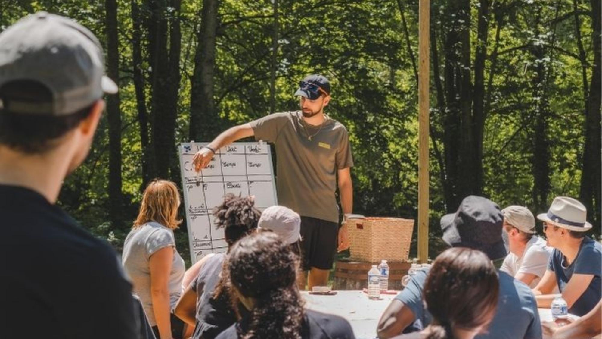 Atelier RSE en forêt avec des collaborateurs autour d’un animateur et d’un tableau en Île-de-France