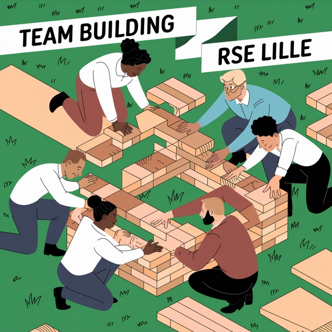 Illustration d’un groupe de collaborateurs construisant une structure en bois lors d’un Team Building RSE à Lille.