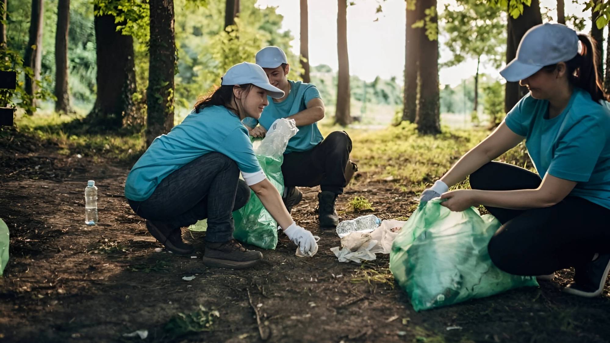 Équipe d'entreprise en train de ramasser des déchets en forêt lors d’un team building RSE à Rennes