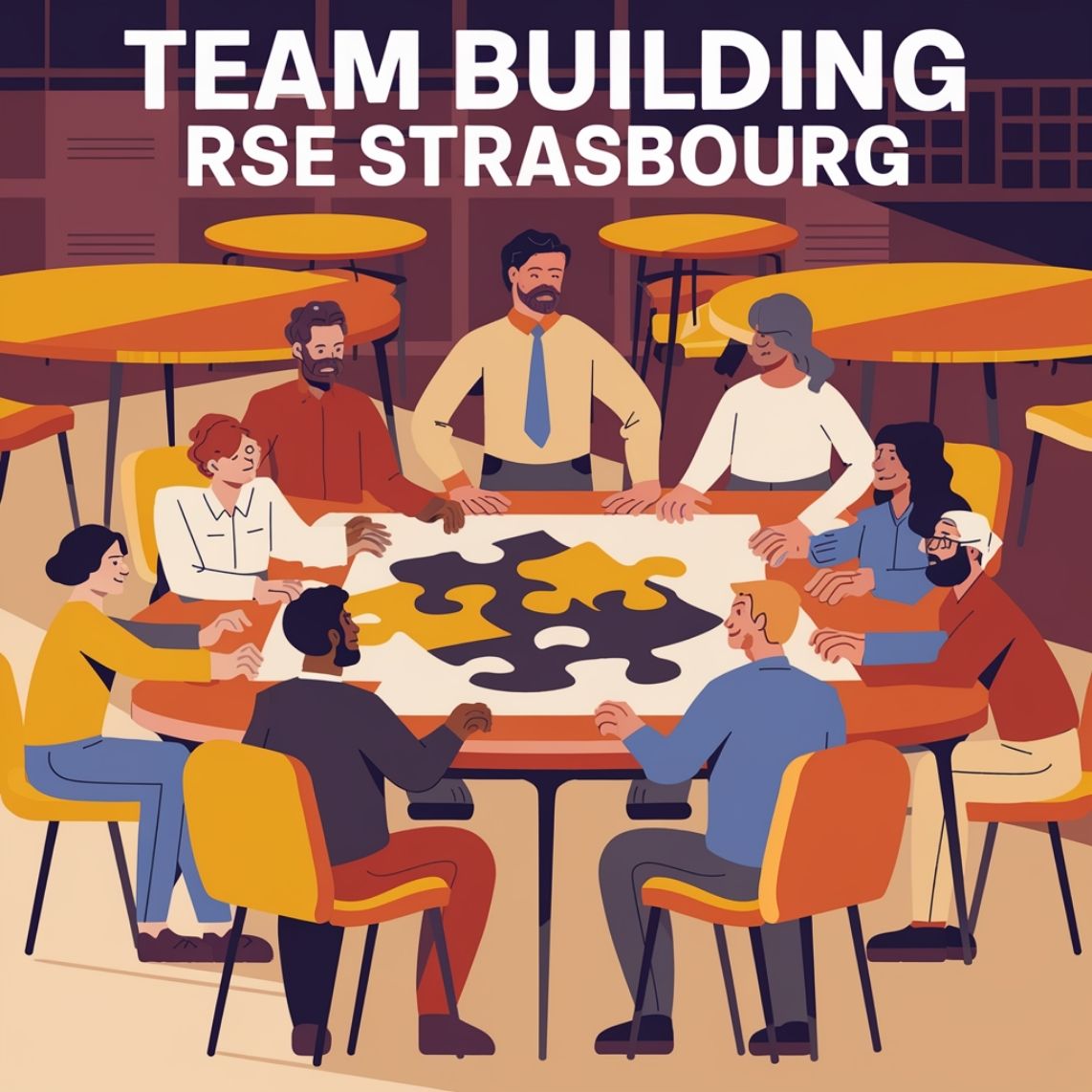 Illustration représentant un groupe de personnes assises autour d’une table en train d’assembler un puzzle, symbolisant un team building RSE à Strasbourg.